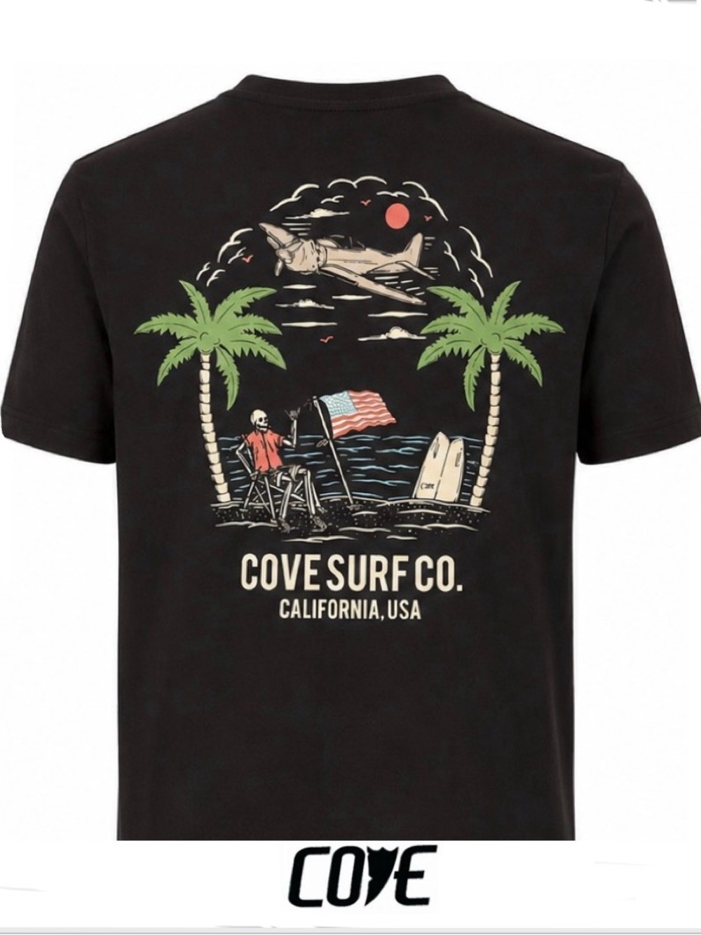 Cove Black Tee with Palm Trees, Surfboard & Plane Graphic